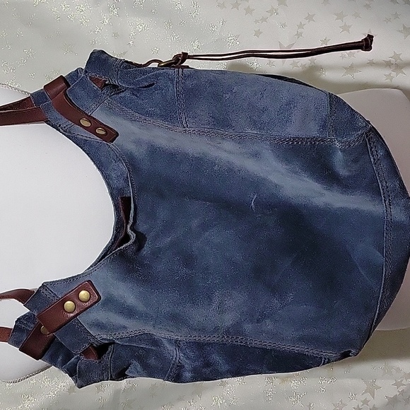 Handbags - Lucky Brand Blue Suede Leather Slouchy Brown Leather Trim Tote Bag